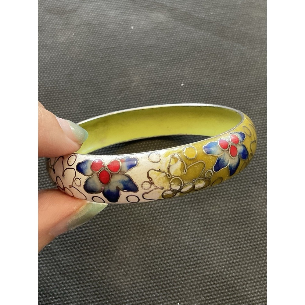 vintage cloisonné bangle bracelet Enamel colorful floral pattern Estate Jewelry
